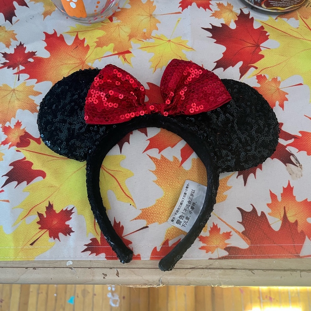 Sequin Mouse Ears Headband with Red Bow